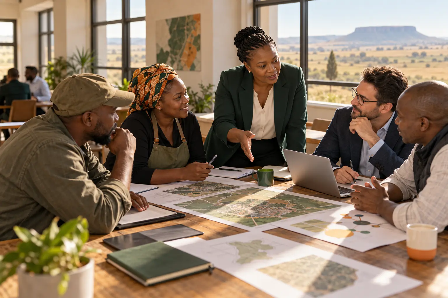 Illustrative group discussing a local investment proposal around a table