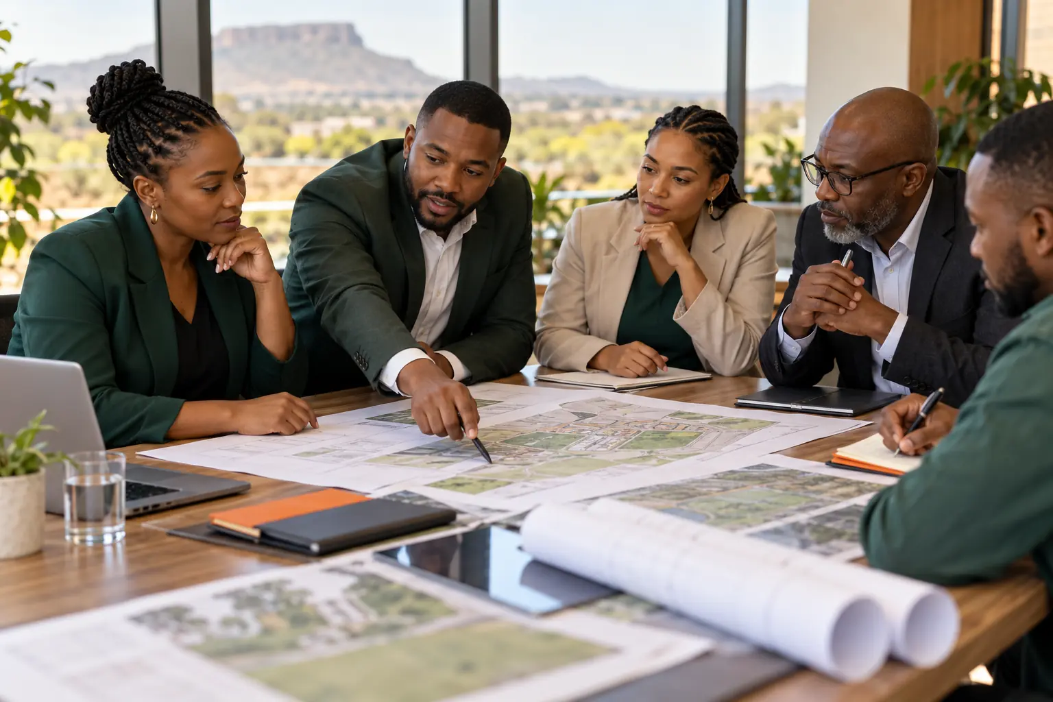 Illustrative participants reviewing a project proposal at a matching table