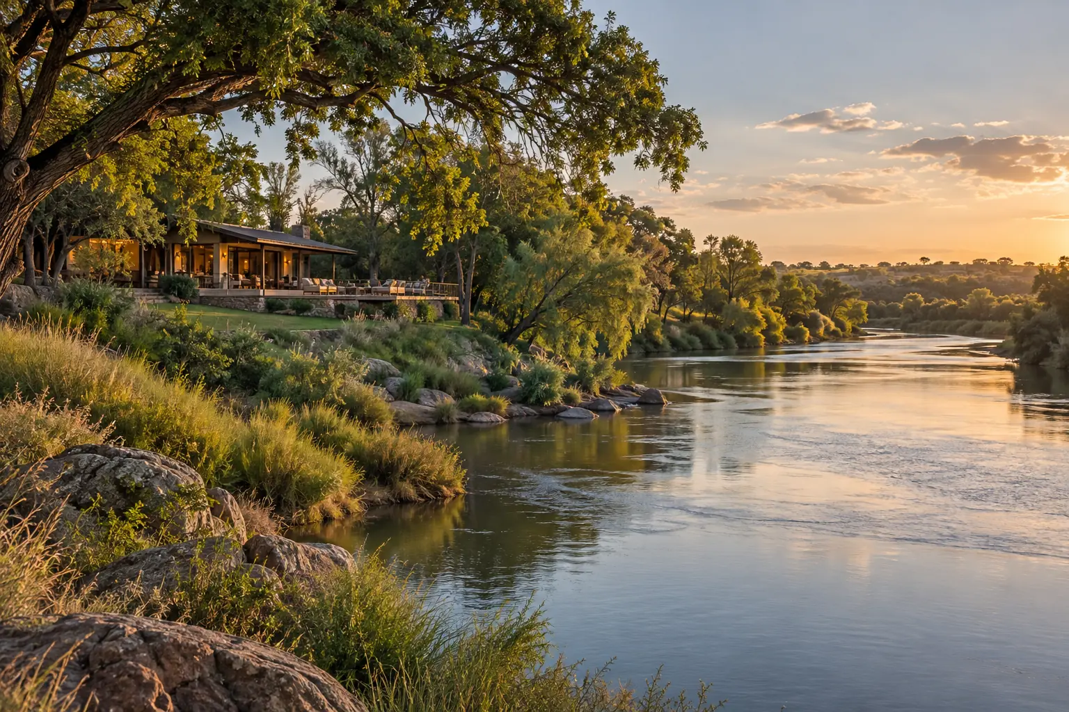 Illustrative riverside accommodation and landscape